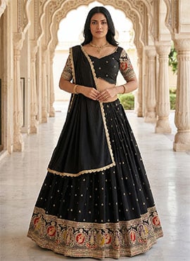 Black Roman Silk Sequins Zari Embroidered Lehenga