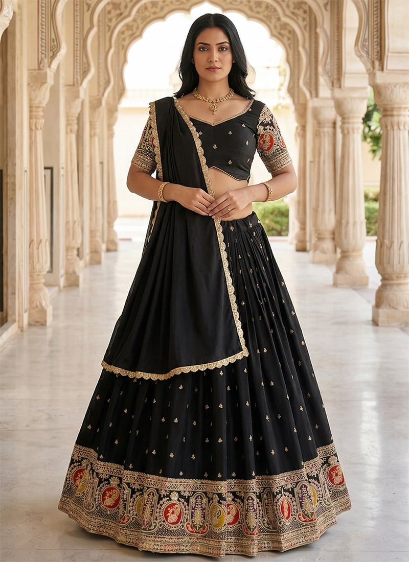 Black Roman Silk Sequins Zari Embroidered Lehenga Wedding Wear