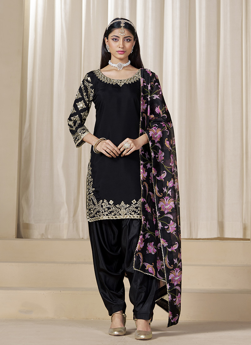 Black Roman Silk Zari Embroidered Mirror Work Salwar Suit Festive Wear