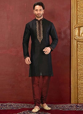 Black Royal Silk Mulberry Zardozi Work Kurta Pyjama