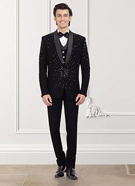Black Satin Beads Hand Embroidered Formal Suit