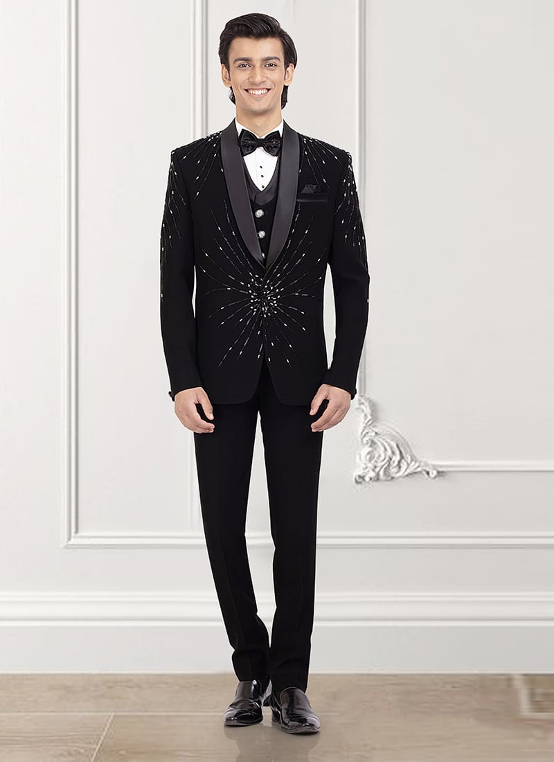 Black Satin Beads Hand Embroidered Formal Suit Wedding Wear
