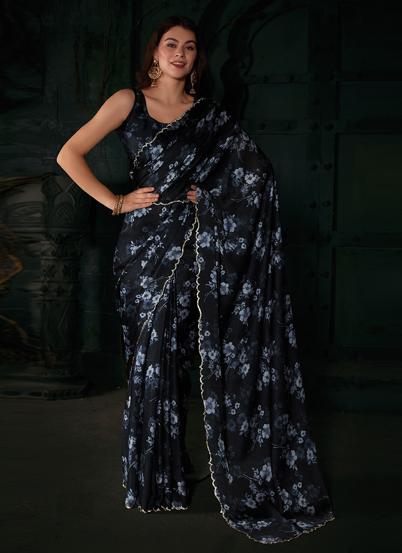 Black Silk Blend Saree with Belt