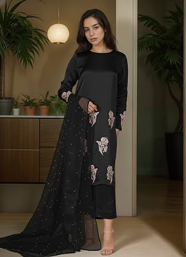 Black Satin Blend Hand Embroidered Sequins Zari Straight Pant Suit