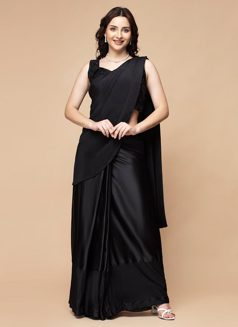 Black Satin Blend Saree With Sequins Blouse Party Wear-SADHYMMM0030