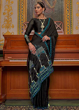 Black Satin Chiffon Zari Embroidered Saree
