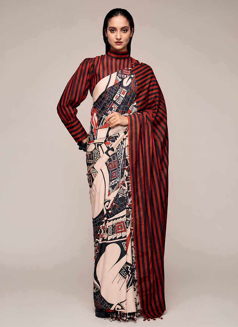 Black Satin Digital Print Saree Work Wear