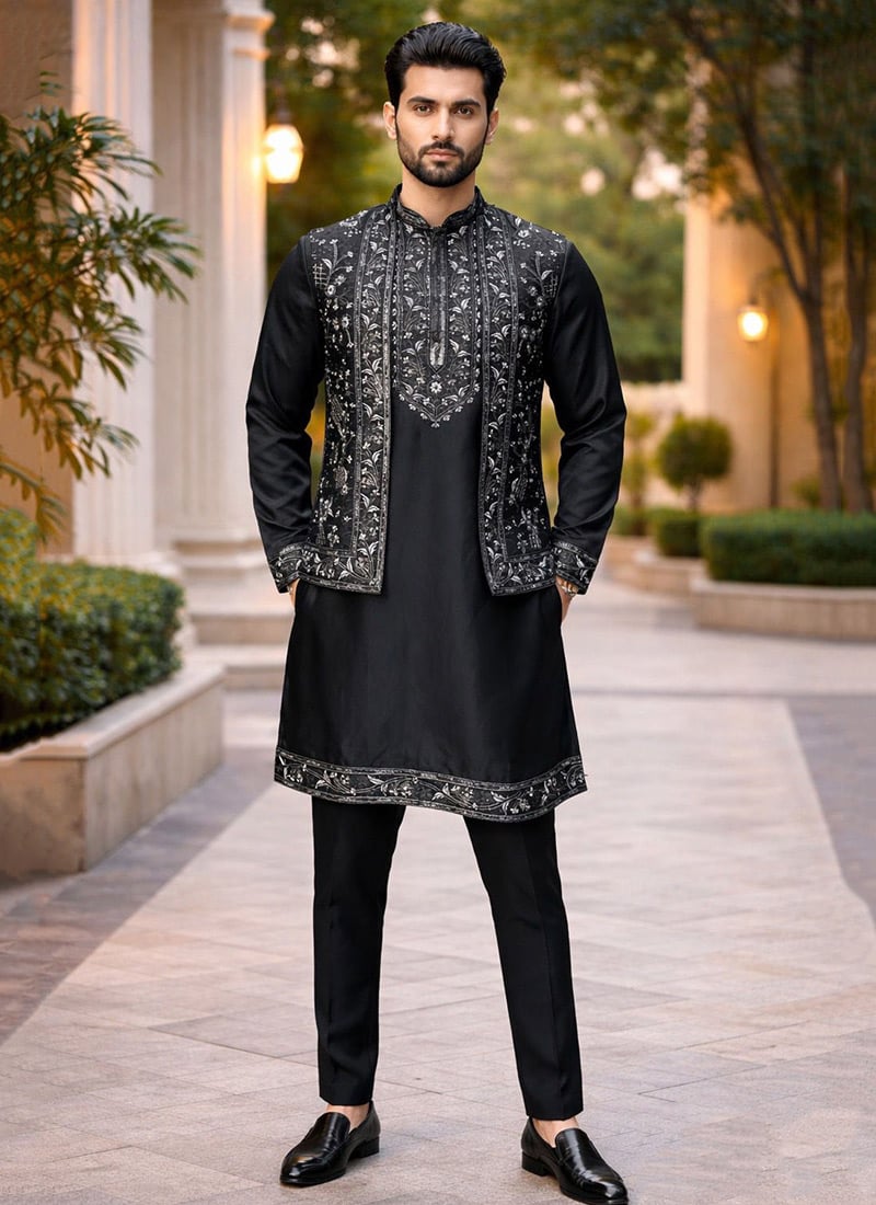 Black Satin Embroidered Bandi Set With Kurta And Straight Pant For Men Festive Wear