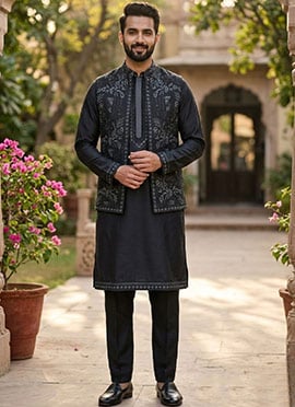 Black Satin Embroidered Bandi Set With Kurta And Straight Pant For Men