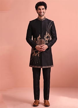 Black Satin Embroidered Indowestern Sherwani For Men