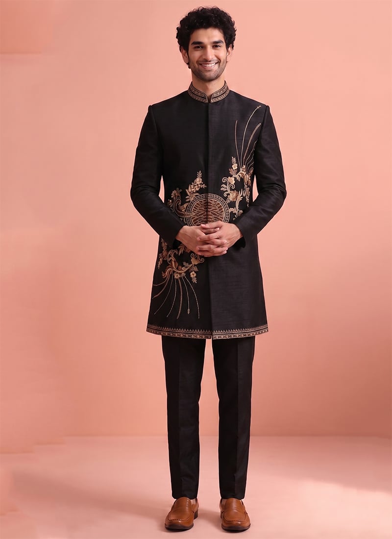 Black Satin Embroidered Indowestern Sherwani For Men Wedding Wear