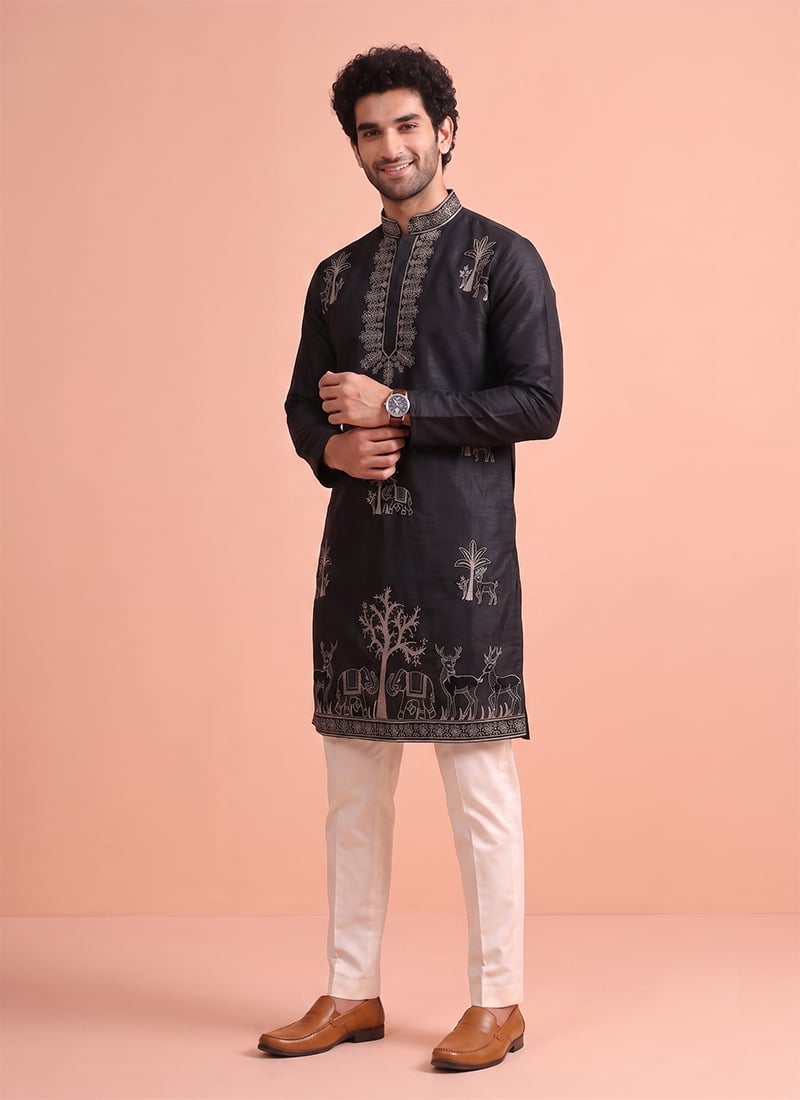 Black Satin Embroidered Kurta Pyjama For Men Festive Wear