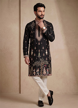 Black Satin Embroidered Kurta Pyjama For Men