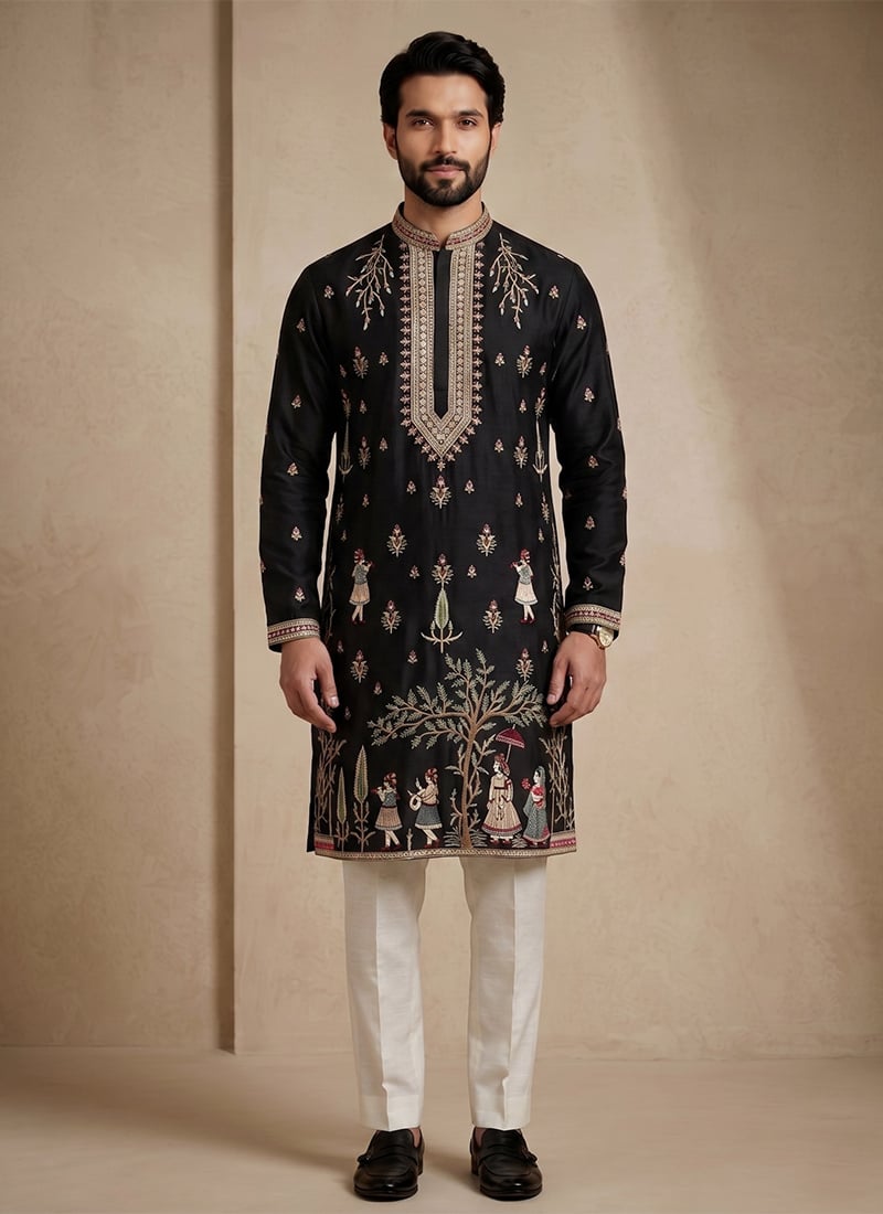 Black Satin Embroidered Kurta Pyjama For Men Festive Wear