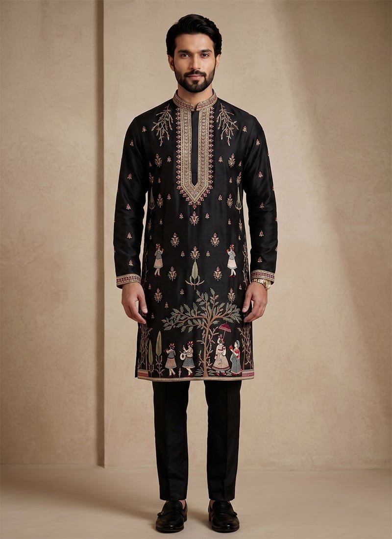Black Satin Embroidered Kurta Pyjama For Men Festive Wear