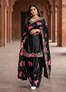 Black Satin Embroidered Salwar Suit