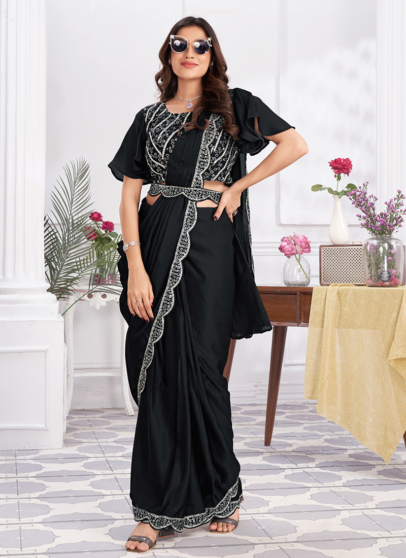 Black Satin Embroidered Sequins Pre Draped Exquisite Saree Party Wear-SASCE2802BL