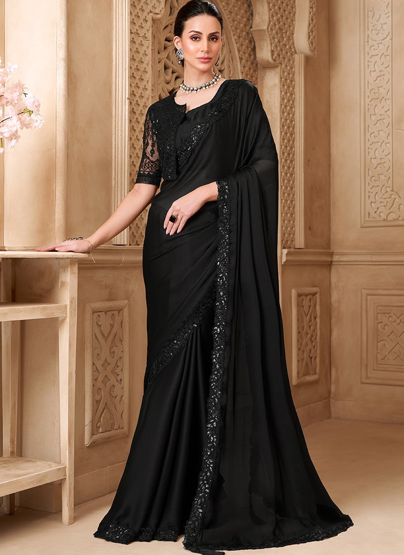 Black Satin Embroidered Sequins Saree With Jacket Style Blouse Wedding Wear