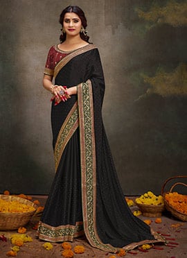 Black Satin Embroidered Stones And Zari Saree