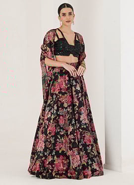 Black Satin Georgette Digital Print Hand Embroidered Sequins Lehenga