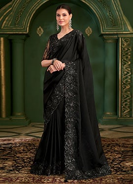 Black Satin Georgette Zari Embroidered Sequins Saree
