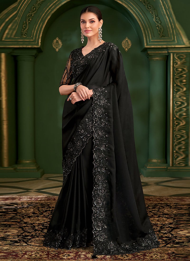 Black Satin Georgette Zari Embroidered Sequins Saree Wedding Wear
