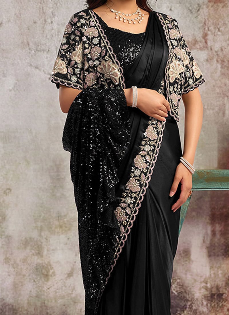 Shop Black Satin Hand Embroidered Sequins With Beads Work Pre Draped ...