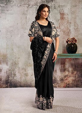 Black Satin Hand Embroidered Sequins With Beads Work Pre Draped Strap Neck Jacket Saree