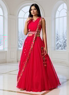 Pinkish Red Satin Lehenga With Cutdana Work