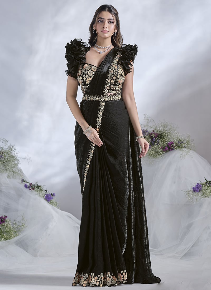 Black Satin Silk Embroidered Moti Hand Work Sequins Saree Wedding Wear-SASACZ3038
