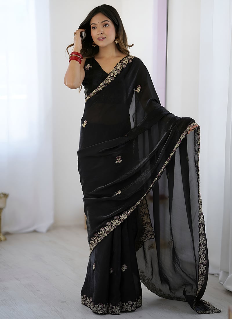 Black Satin Silk Embroidered Sequins Saree Festive Wear