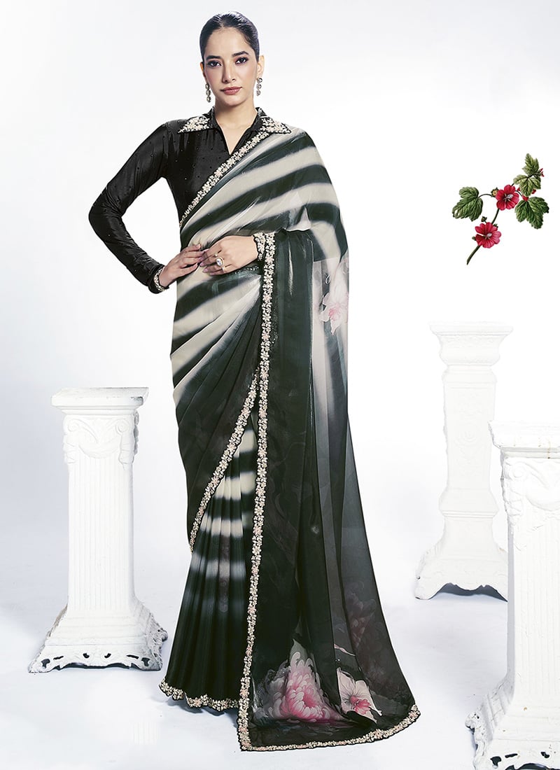 Black Satin Silk Embroidery With Stone Saree Festive Wear