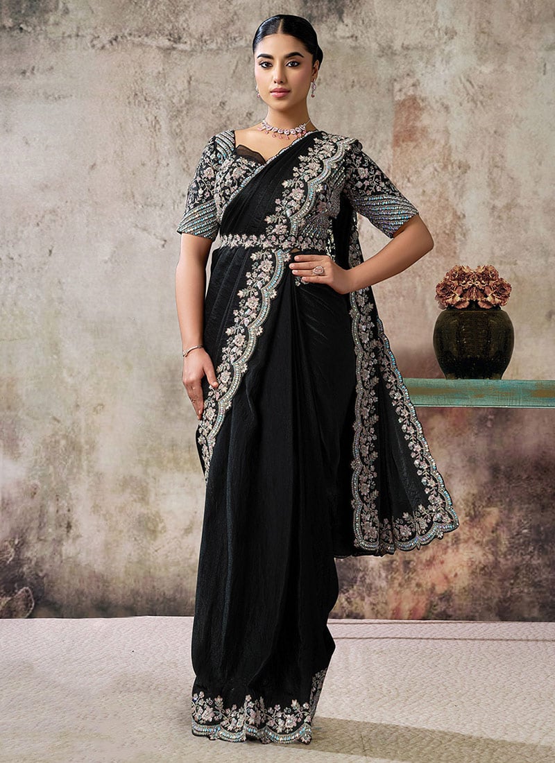 Black Satin Silk Hand Embroidered Sequins With Beads Work Pre Draped Saree Wedding Wear