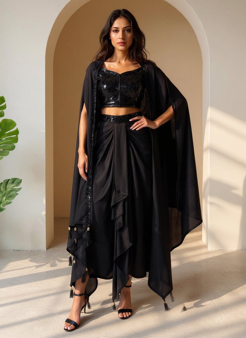 Black Satin Silk Sequins Indowestern Dhoti Jacket