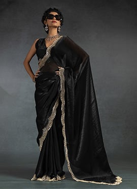 Black Satin Silk Stones Work Saree