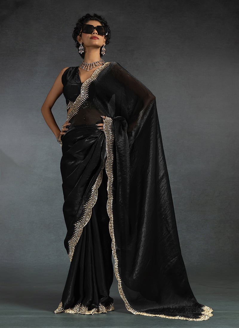 Black Satin Silk Stones Work Saree Festive Wear