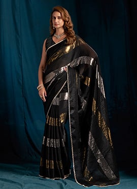 Black Satin Silk Tikki Work Saree
