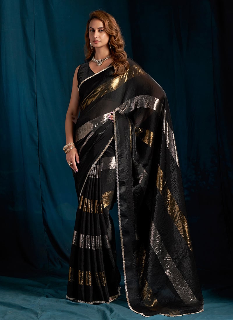 Black Satin Silk Tikki Work Saree After Six Wear