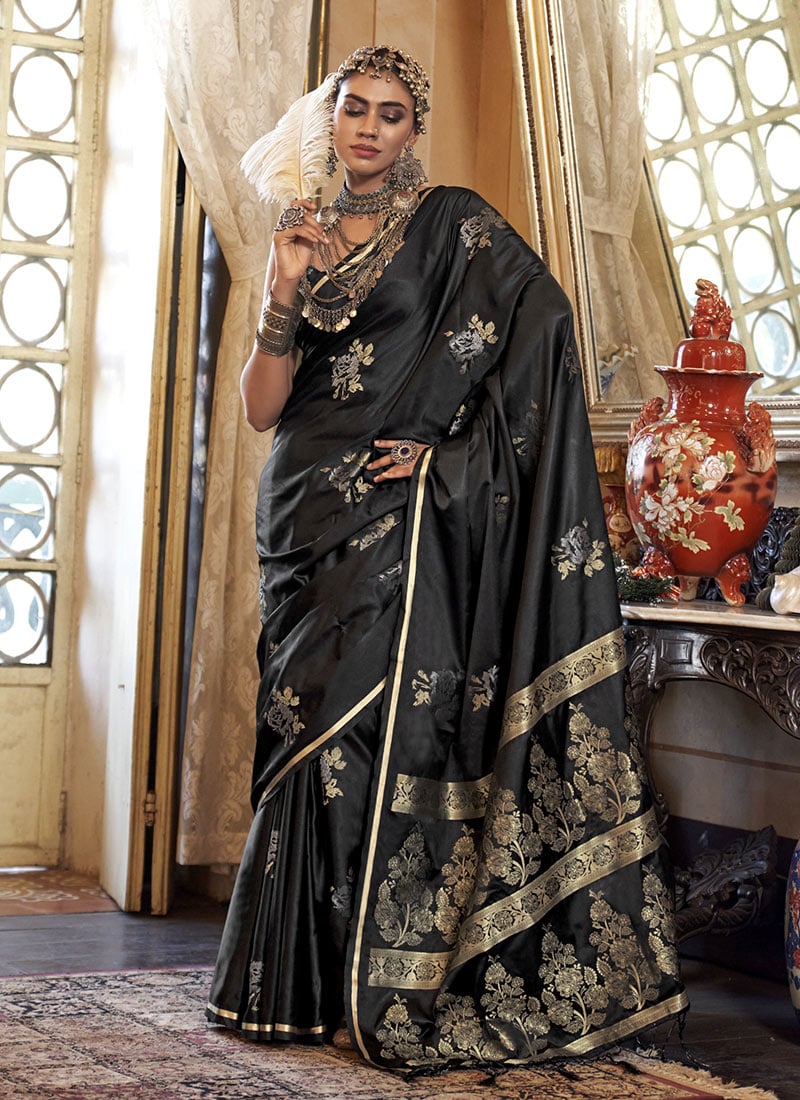 Black Satin Silk Zari Brocade Handloom Saree Festive Wear-SASGF406003