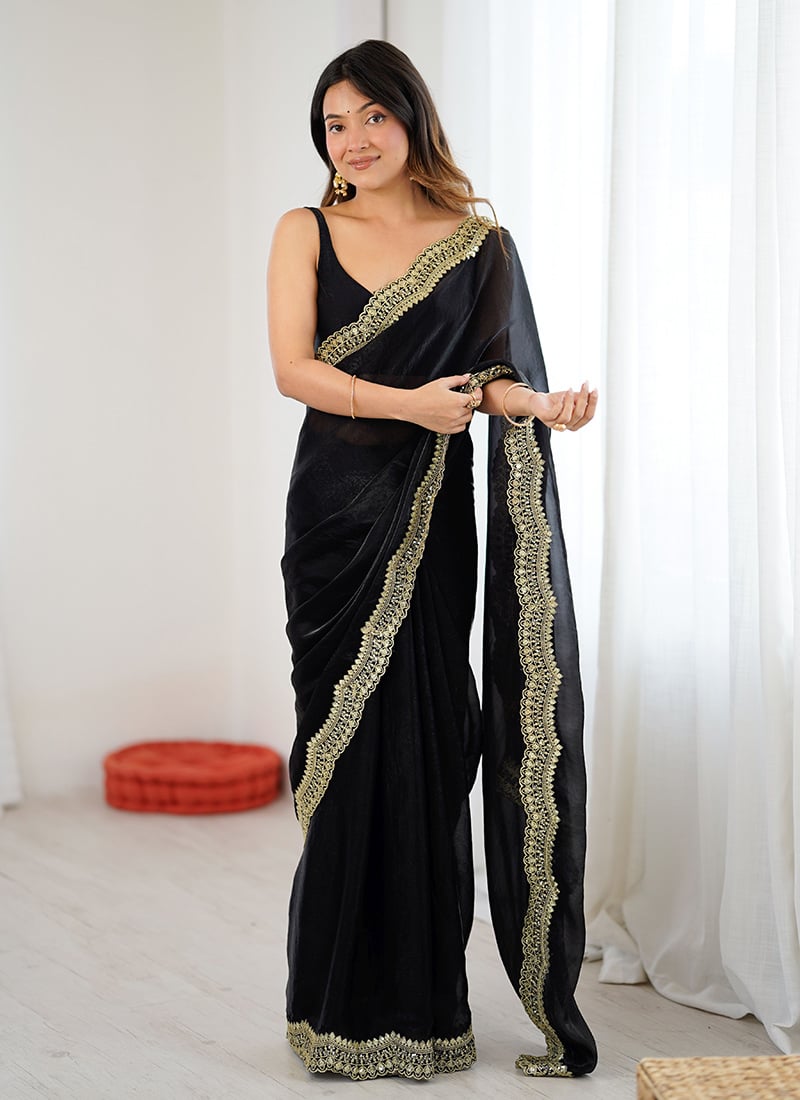 Black Satin Silk Zari Embroidered Sequins Saree After Six Wear
