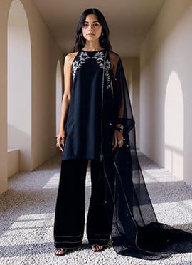 Black Satin Zari Hand Embroidered Sequins Palazzo Suit