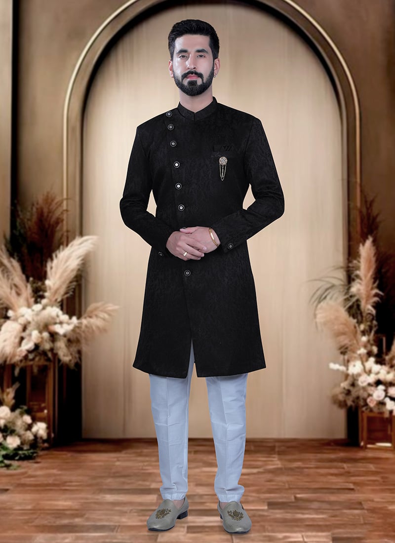Black Satin Zari Indowestern Sherwani  For Men Wedding Wear