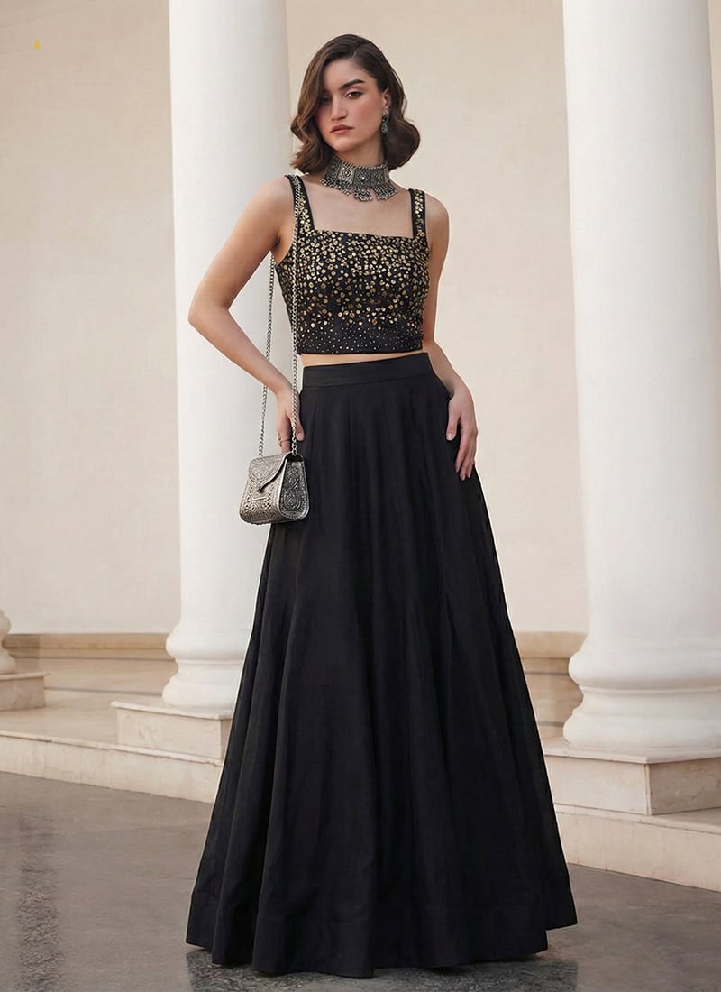 Black Sequins Embellished Silk Indowestern Crop Top Skirt Set After Six Wear