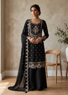 Black Sequins Embroidered Cotton Palazzo Suit