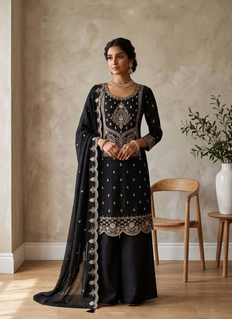 Black Sequins Embroidered Cotton Palazzo Suit After Six Wear