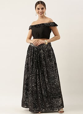 Black Sequins Embroidered Crop Top N Skirt