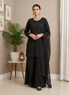 Black Sequins Embroidered Georgette Palazzo Suit