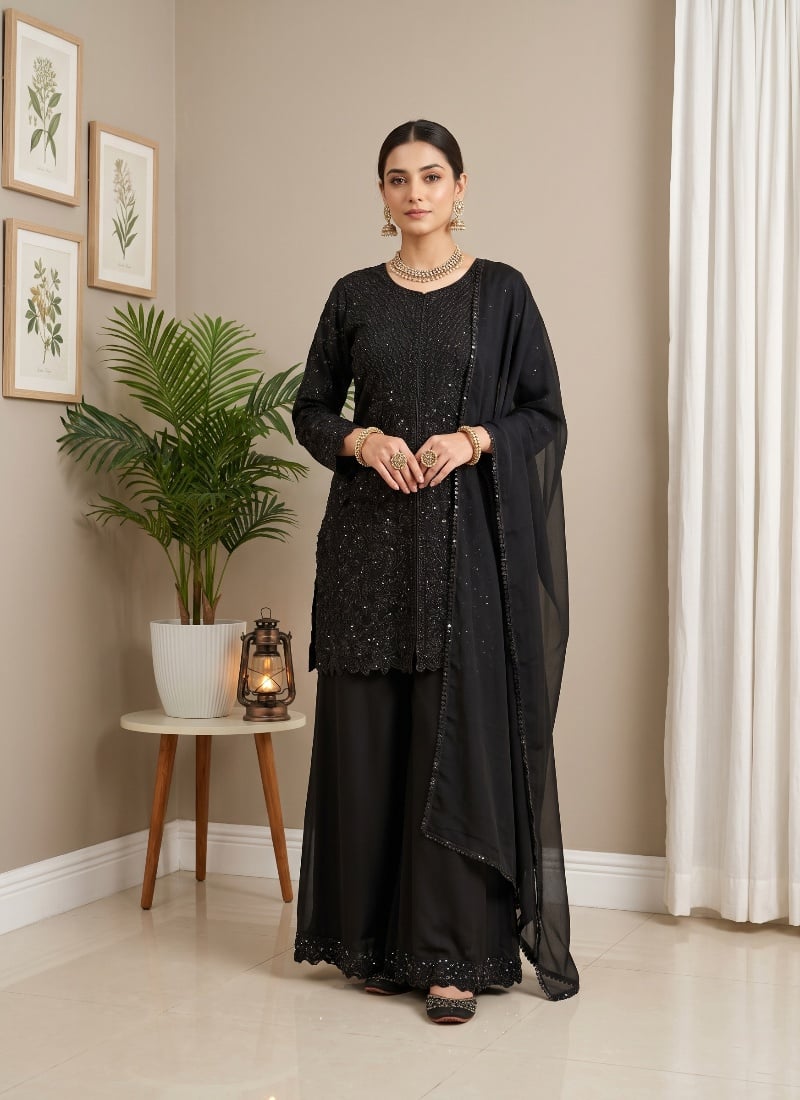 Black Sequins Embroidered Georgette Palazzo Suit After Six Wear