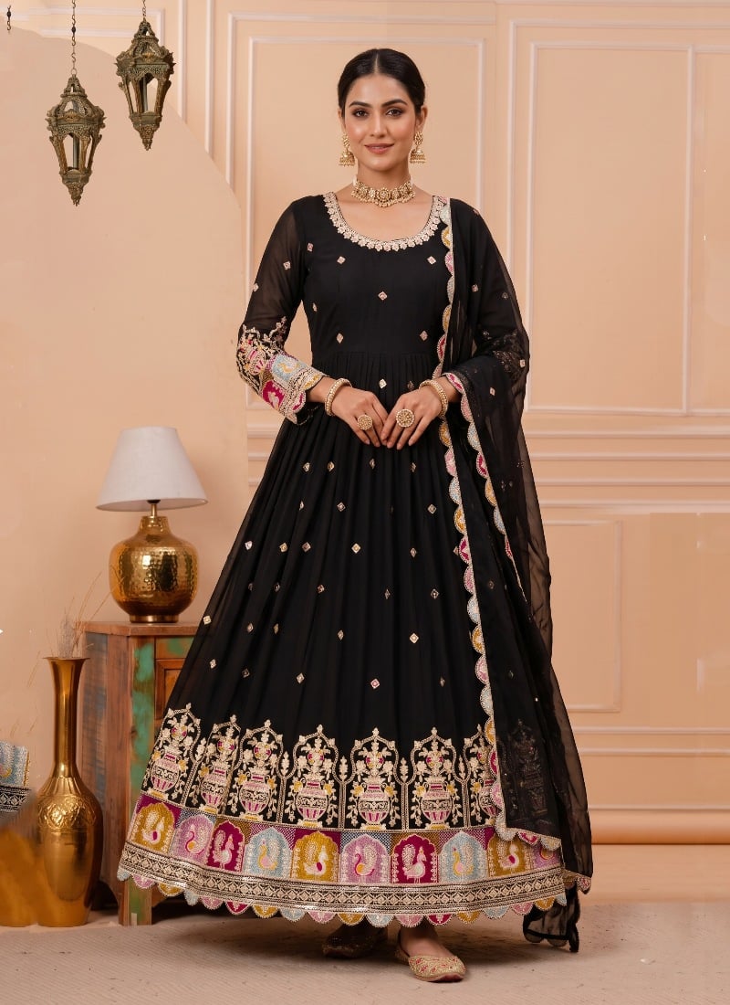 Black Sequins Embroidered Georgette Straight Pant Suit After Six Wear