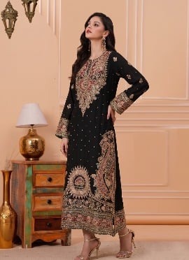 Black Sequins Embroidered Georgette Straight Pant Suit
